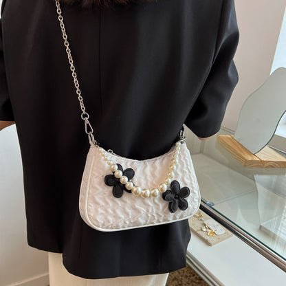 Retro Women&#39;s Handbag Black and White Flower Bubble Jacquard Underarm Bag Fold Handbag Simple Shoulder Bag Hot Pearl Chain Bags