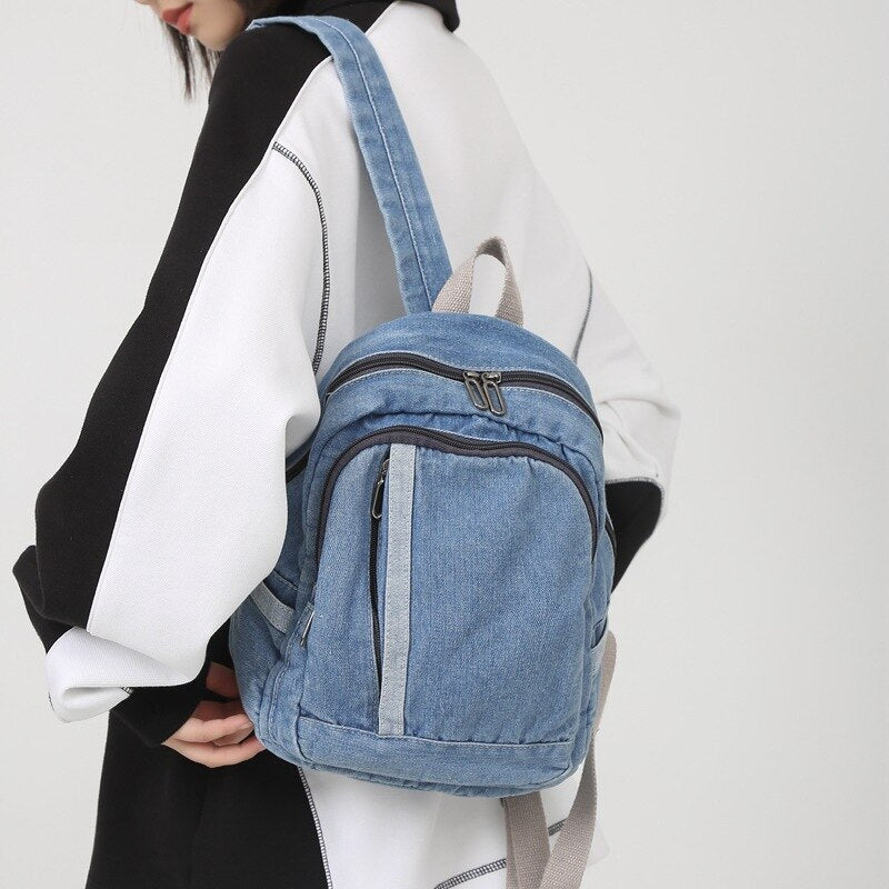Women&#39;s Fashion Simple Canvas Travel Daypack Washed Denim Small Backpack Student School Bag