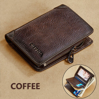 Genuine Leather Wallets for Men Vintage Short Multi Function Business Purse RFID Blocking Zipper ID Credit Card Holder Money Bag