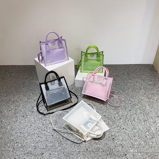 Transparent PVC Handbag+PU Candy Jelly Totes Shoulder Women Travel Shopping Bag Stylish Shoulder Bags Streetwear