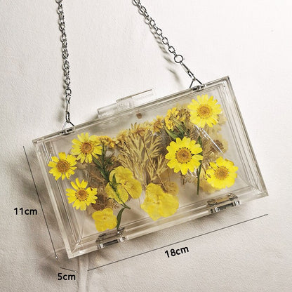 Transparent Acrylic Handbag Dride Flowers Evening Clutches Party Wedding Wallet Women Chain Shoulder Bag Free Shipping Wholesale