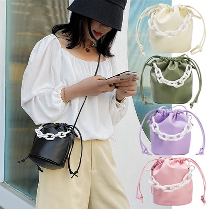 Drawstring Shoulder Bag Women PU Chain Bucket Handbags Female Solid Color Purse Youth Ladies Simple Versatile Bag