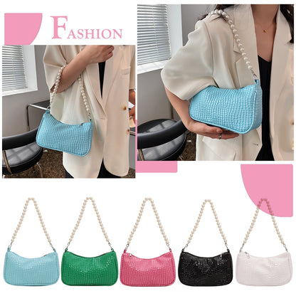 Fashion Women PU Leather Shoulder Bags Stone Pattern Solid Pearl Chain Underarm Bag Casual Ladies Small Hobos Handbags Purses