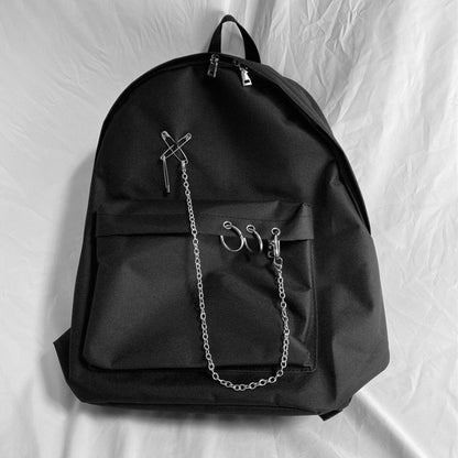 Y Demo Harajuku Punk Canvas Women Backpack Preppy Style Hollow Out Circles Chains Black Bag Techwear Tide