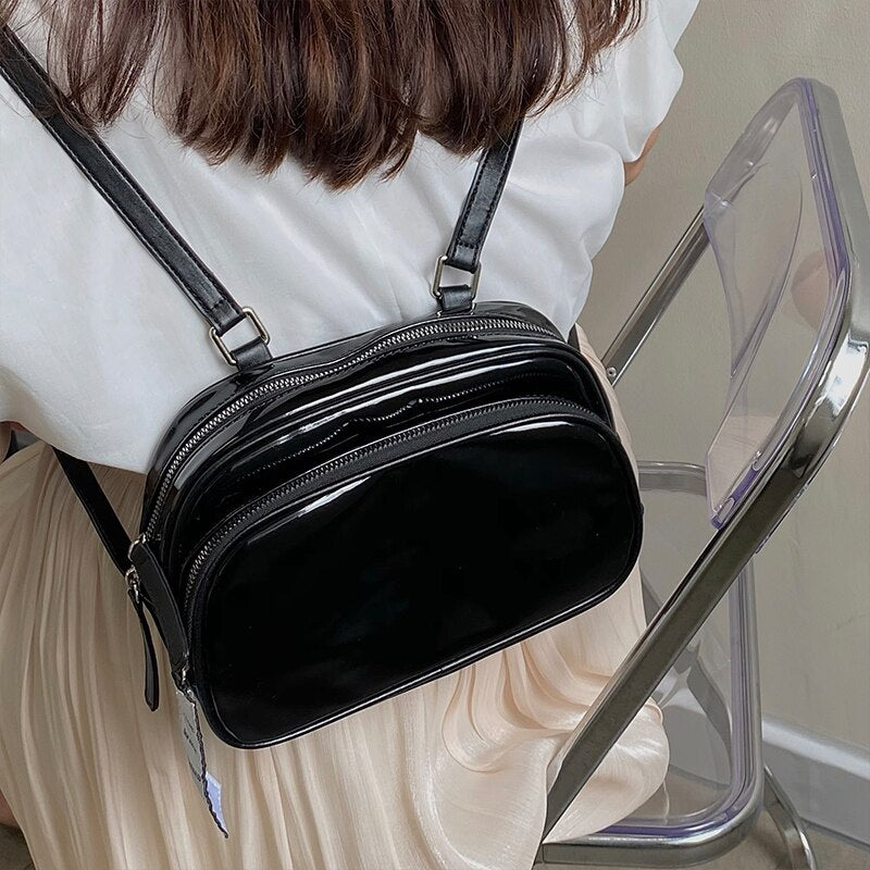 Patent Leather Women's Small Backpack Fashion Square Female Black Shoulder Bags Cute Solid Color Girls Student Tote Handbags