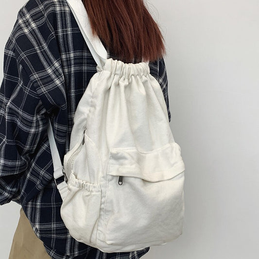 Girl Drawstring Canvas School Bag Cool White Women Travel Backpack Female Trendy Book Bag Ladies Laptop College Backpack Fashion