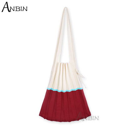 Women Shoulder Bag Knitted Fabric Colour Blocking Design Pleated Bags Woolen Cloth Handbag Foldable Strapped Tote For Female