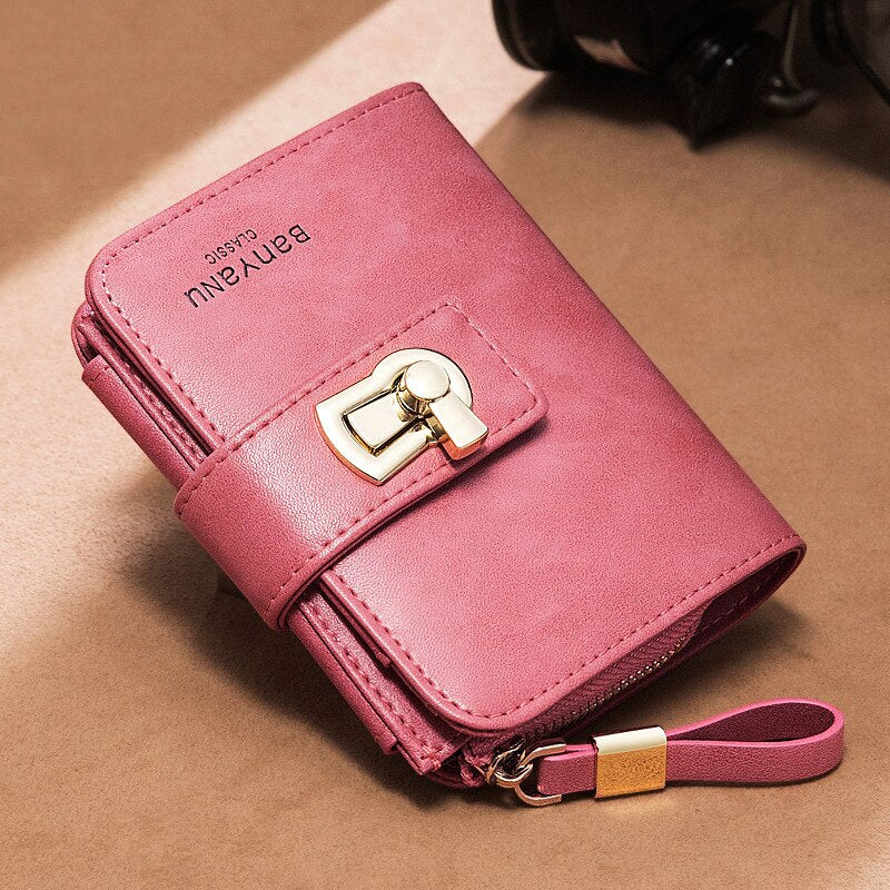 Women&#39;s Wallet Top Cowhide RFID Card Holder Luxury Genuine Leather Coin Purse Female Fashion Lock Walet Ladies Small Money Bag