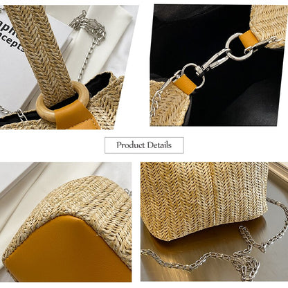 Women Straw Braid Shoulder Bag Woven Bucket Handbags Small Square Bag Khaki Straw Bag Casual Vacation Bags For Lipstick Phone