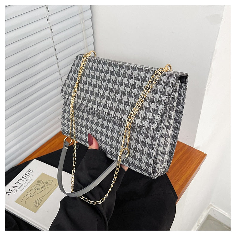 Fashion Women Shoulder Bag Simple Houndstooth Square bag Quality PU Leather Ladies Designer Handbag Lock Shoulder Messenger bags