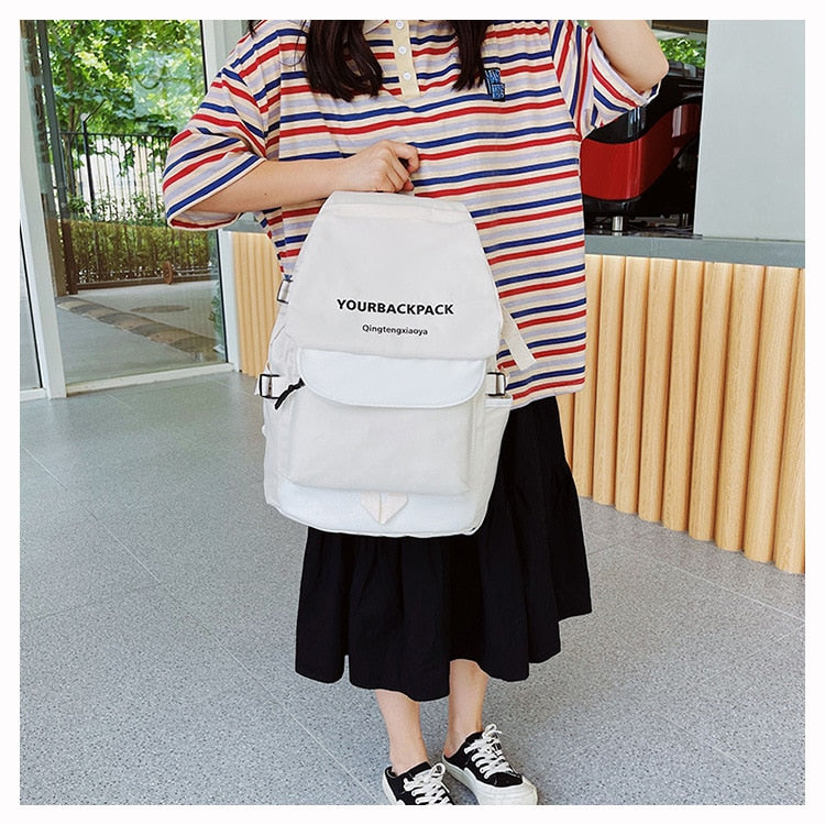Fashion Women Backpack Letter Print Contrast Color School Bag for Girls Trendy Large-capacity Nylon Waterproof Student Bookbags