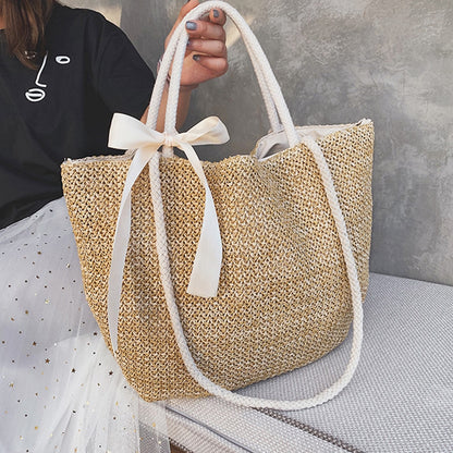 Large Capacity Handmade Weave Straw Handbags with Bow Women Shoulder Bags Fashion Drawstring Shopping Bags Tote Top-handle Bags