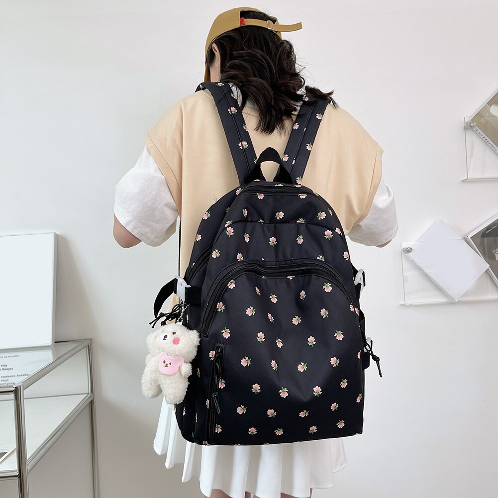 Fashion New Floral Women Backpack Large Capacity Nylon Schoolbag College Teenage Girl Travel Book Bags with Pendant Decoration