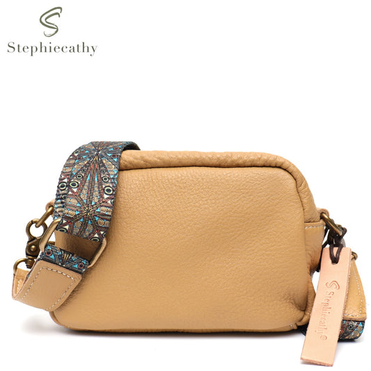 SC Vintage Bohemia Style Women Genuine Leather Shoulder Handbags Casual Soft Real Cowhide Zipper Purses Wide Strap Crossbody Bag