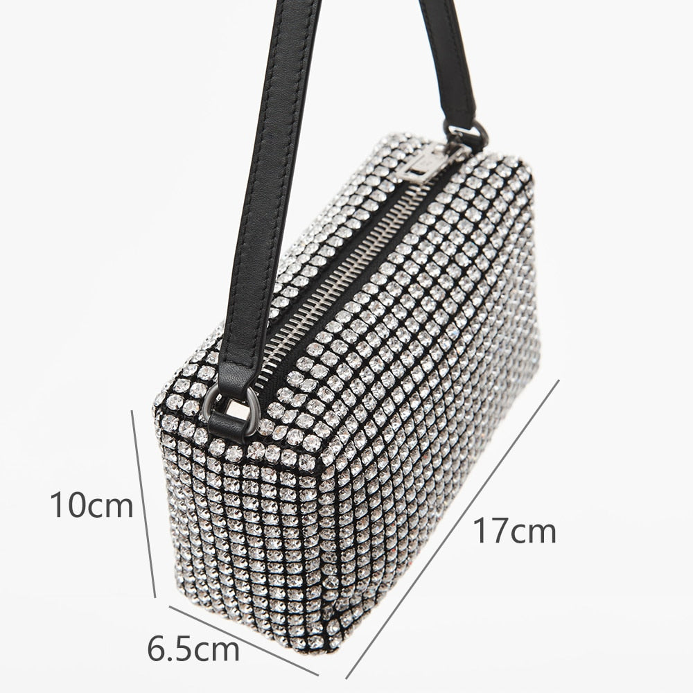 Crystal Rhinestone Evening Crossbody Bags for Women Luxury Brand Bling Purse Mini Top Handle Handbag Chain Mesh Clutch for Party