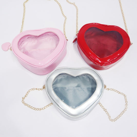 Lolita JK Ita Cross Body Bag Women Girl Messenger Transparent PVC PU Heart Shape Metal Chain