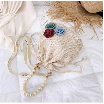 Women&#39;s Crossbody Bag Bohemian Summer Straw Beach Bags Lace Female Handbag Pearl Shoulder Messenger Bags Drawstring Bucket Bag