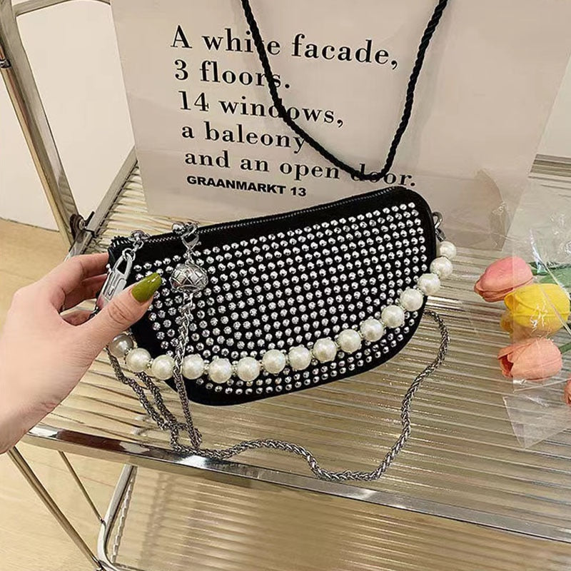 Summer Diamonds Waist Bag Fashion Pearl Chain Women&#39;s Belt Bag Luxury Shoulder Crossody Bag Chest Purse Fanny Packs