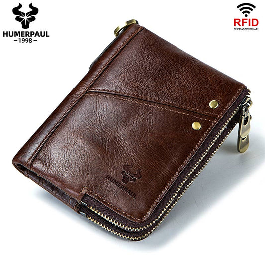 RFID Blocking Men&#39;s Wallets With Chain High Quality Cowhide Zipper Coin Pocket Card Holder Anti-Theft Chain Clutch Money Bag