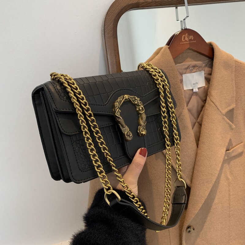Female Summer Luxury Black  Bags Women&#39;s Bags New Trendy Chain Stone Texture Fashion Shoulder Messenger Small Square Brand Bags