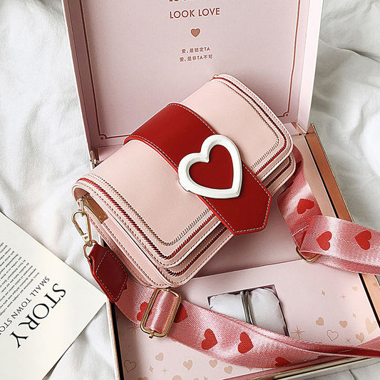 Xiuya Sweet Cute Small Shoulder Bag Female Valentines Day Trendy Korea Heart Messenger Bag Fashion Broadband Square Purse Wallet