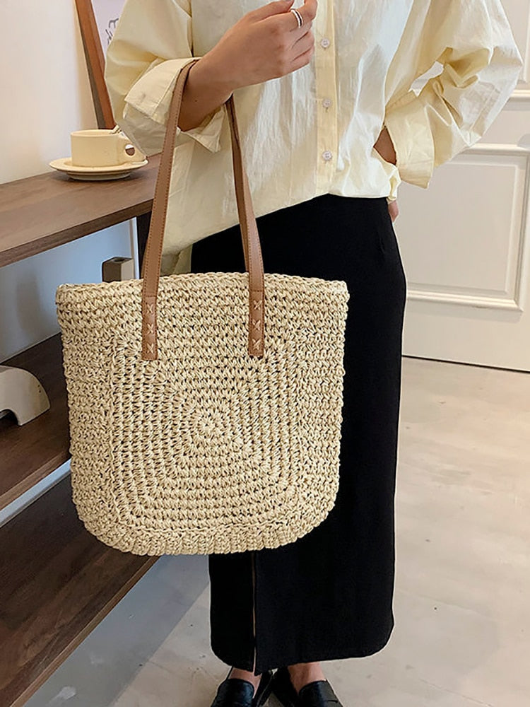 Summer Woven Women&#39;s Bag Large Capacity Straw Woman Shopper Beach Handmade Design Handbags For Women Fashion Female Shoulder Bag