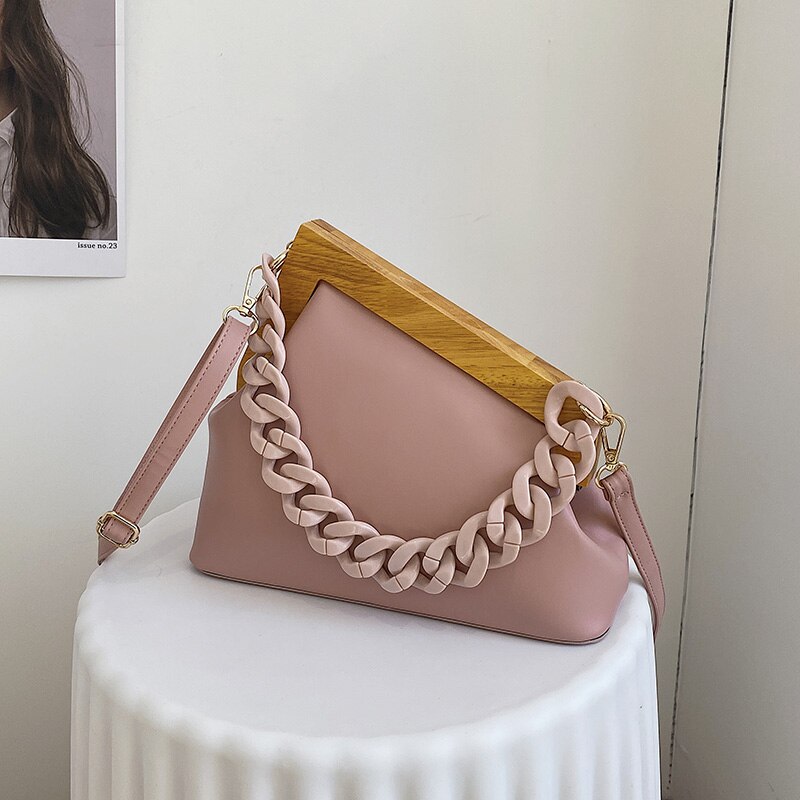 Brand Handbag Thick Chain Triangle Design PU Leather Crossbody Bag With Wooden Handle For Women Luxury Party Cluth Purses