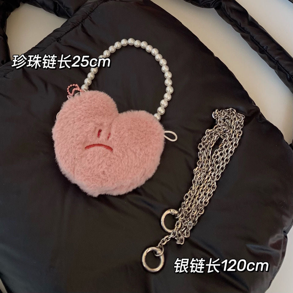 Dirty Little Pink Heart Airpods Earphone Storage Bag Cute Pendant Plush Mini Messenger Bag Small Capacity Women Bag Side Bag