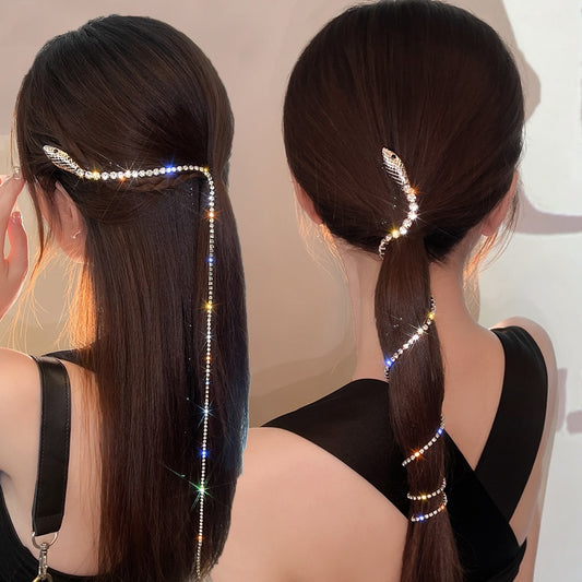 Full Rhinestone Snake Hair Band for Hair Women Long Tassel Crystal Headband Hair Accessories Wedding Accessories Hair Jewelry