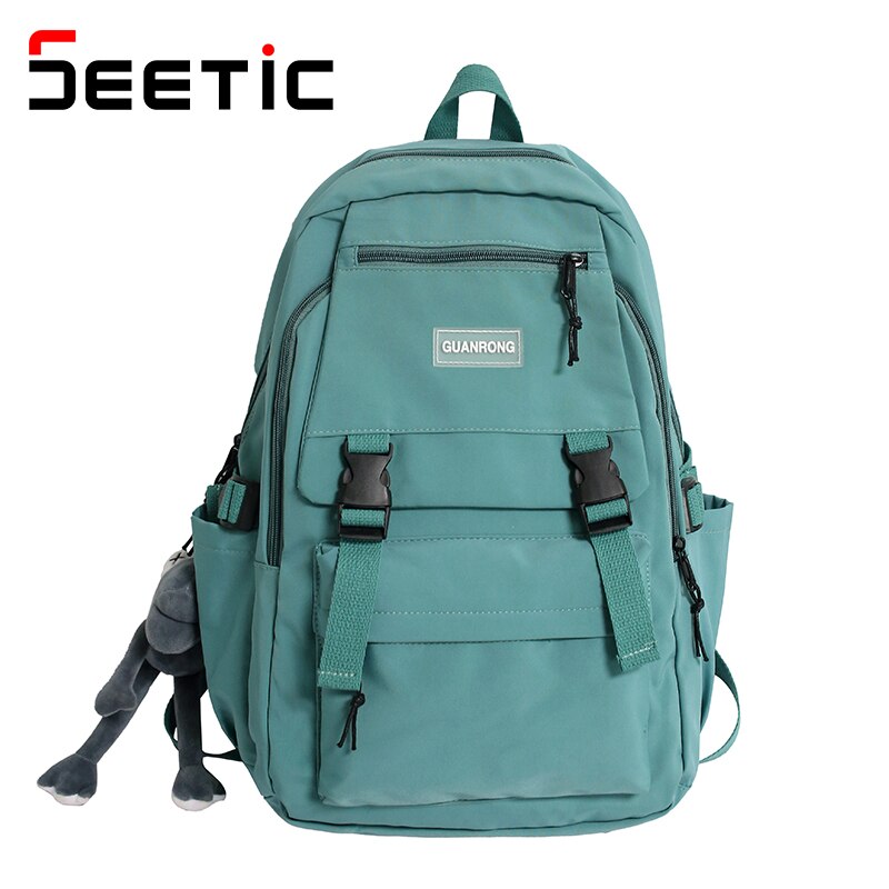 SEETIC Fashion Waterproof School Backpack Multiple Pockets Backpack Female Nylon Anti-Theft Backpack Women Solid Color Backpack