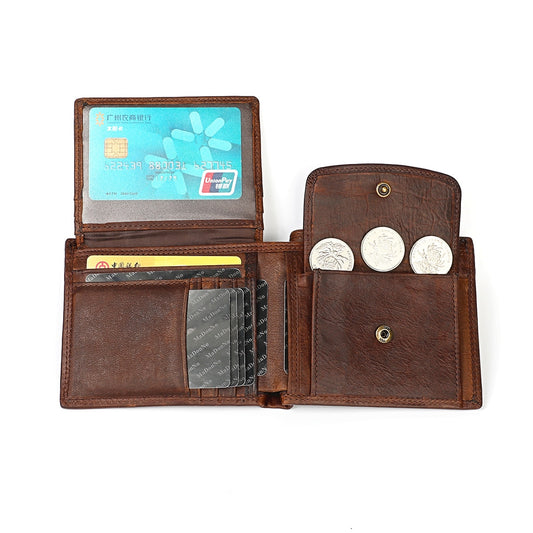 RFID Genuine Leather Men Wallets Short Vintage Card Holder Zipper Coin Pocket Male Wallet Photo Holder Multifunction Men Purses