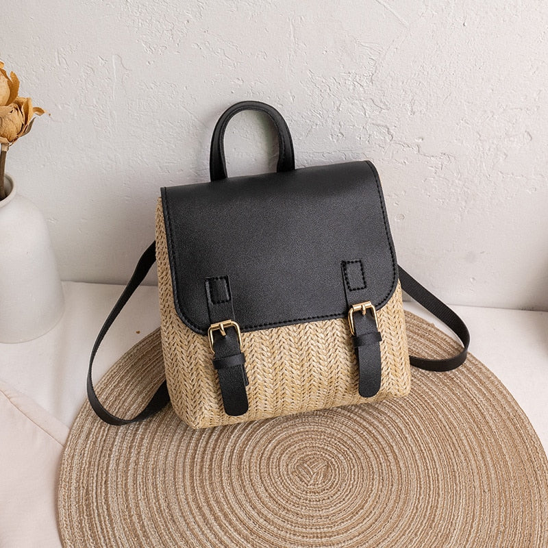 Vintage Straw Backpack Women&#39;s Fashion Shoulder Bag Versatile Straw Woven PU Leather Elegant Luxury Designer Small Backpack