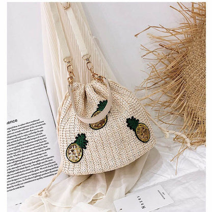 Women&#39;s Crossbody Bag Bohemian Summer Straw Beach Bags Lace Female Handbag Pearl Shoulder Messenger Bags Drawstring Bucket Bag