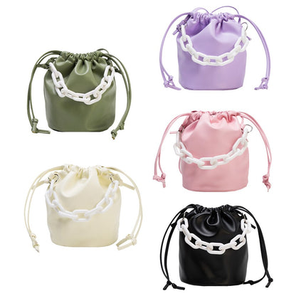 Drawstring Shoulder Bag Women PU Chain Bucket Handbags Female Solid Color Purse Youth Ladies Simple Versatile Bag