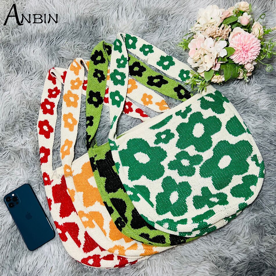 Women&#39;s Bag Floral Pattern Design Jacquard Contrasting-coloured Knitted Shoulder Crochet Tote Female Fashion Crossbody  Shopper