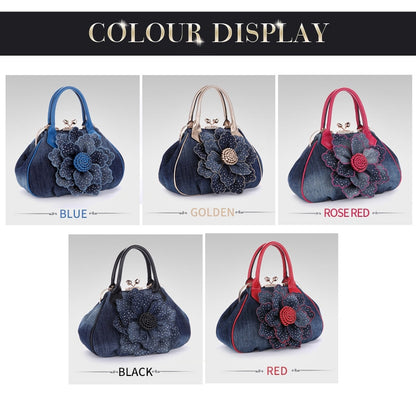 Fashion Women Vintage Roses Flowers Shoulder Bag Female Casual Handbag Girl Denim Messenger Bags Luxury Brand Handbags