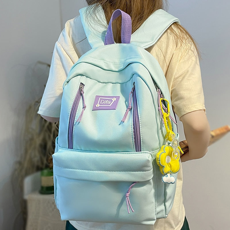New Women Cute Green Student Backpack Fashion Kawaii Girl School Bag Trendy Female Laptop College Backpack Ladies Nylon Book Bag