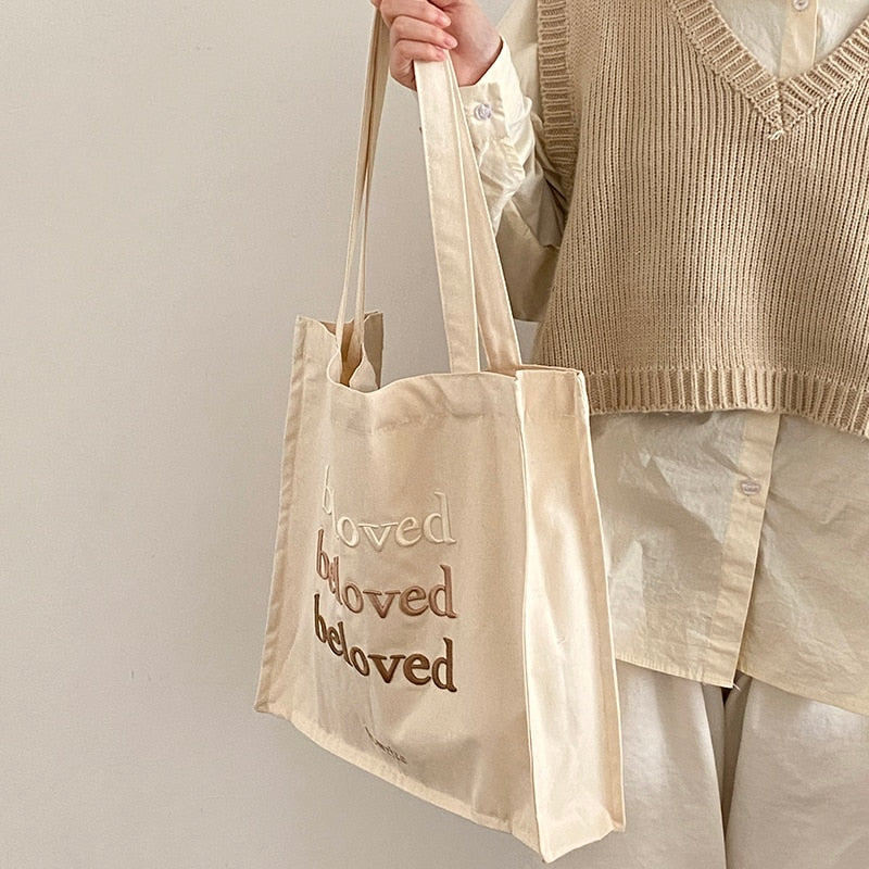 Women Canvas Shoulder Bag Beloved Embroidery Daily Shopping Bags Students Books Bag Thick Cotton Cloth Handbags Tote For Girls