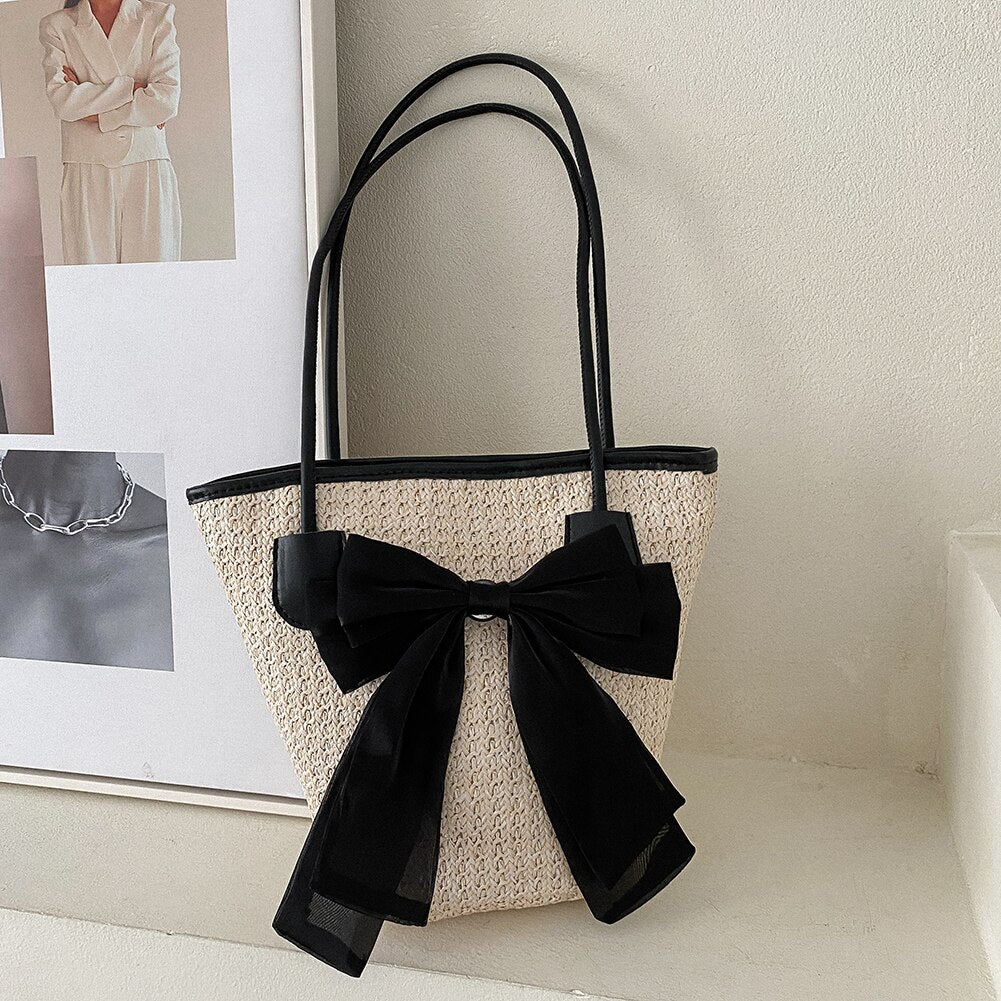 Casual Straw Woven Handbags Women Summer Holiday Beach Bow Totes Top-Handle Bags Fashion Ladies Undearm Shoulder Bags