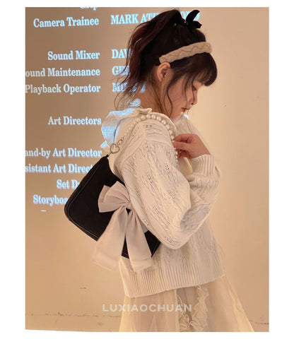 Vintage Bowknot Women Underarm Bags Faux Pearl Chain Ladies Shoulder Crossbody Bag Female Soft Nylon Purse Small Tote Handbags