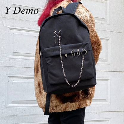 Y Demo Harajuku Punk Canvas Women Backpack Preppy Style Hollow Out Circles Chains Black Bag Techwear Tide