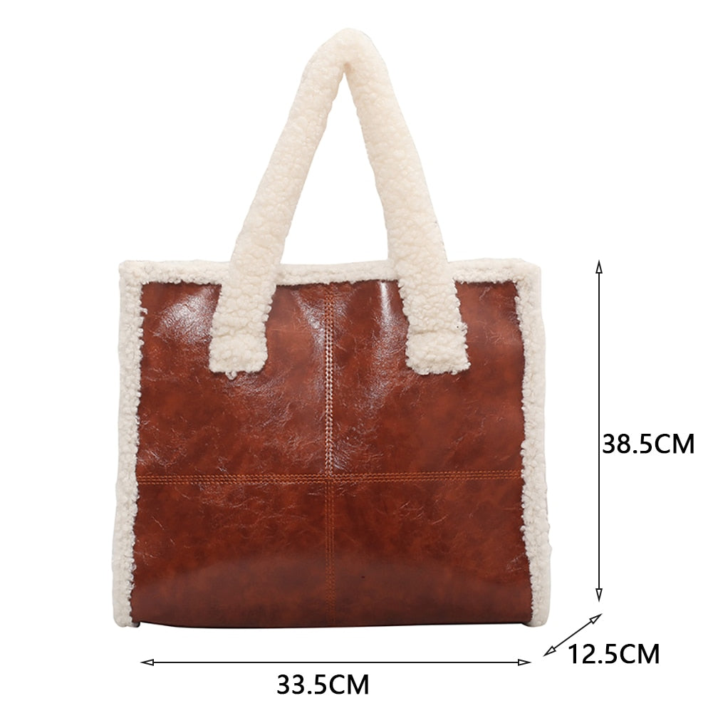 Women New PU Leather Faux Fur Top-handle Tote Bag Student Winter Fashion Faux Lamb Wool Big Capacity Laptop Everyday Handbag