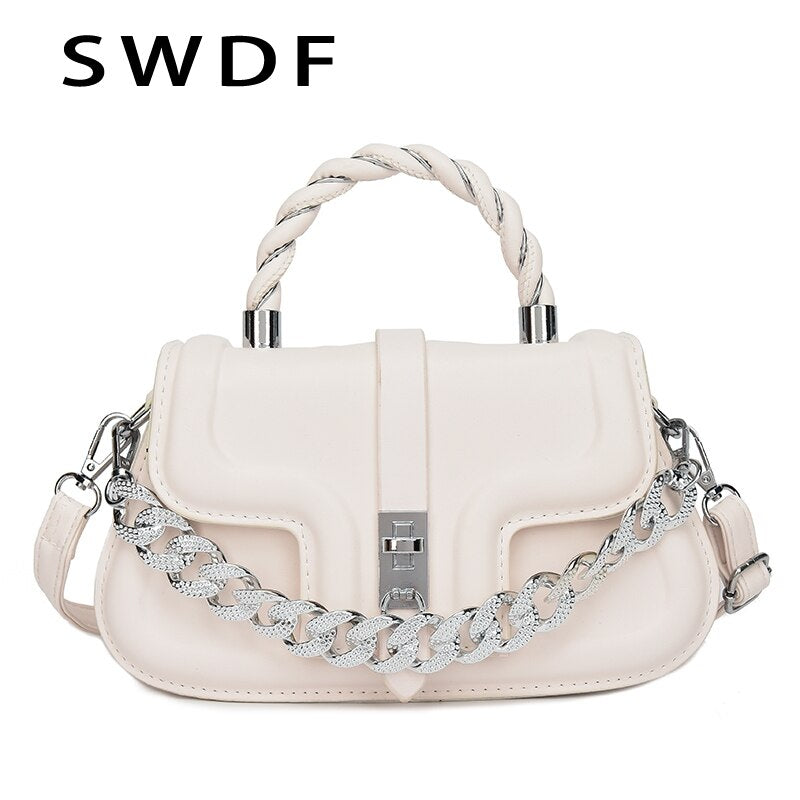 Luxury Designer Small PU Leather Handbag Ladies Crossbody Bags New Trend Single Shoulder Bag Thick Chain Rope Handle Totes