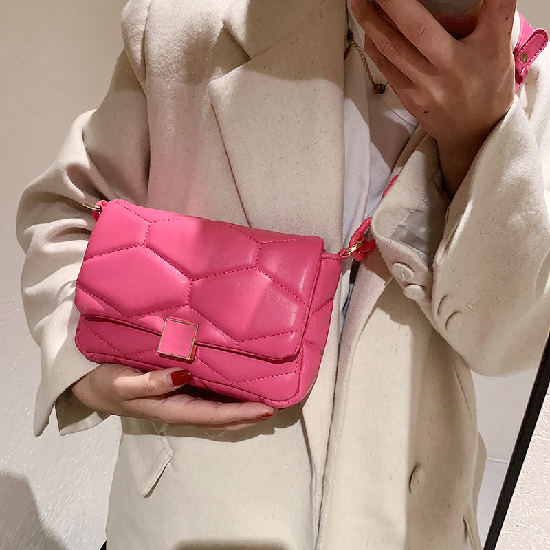 Fashion Women PU Leather Crossbody Bag Acrylic Chain Design Women Messenger Bag  Pink Color Stitch Geometric Pattern Square Bag