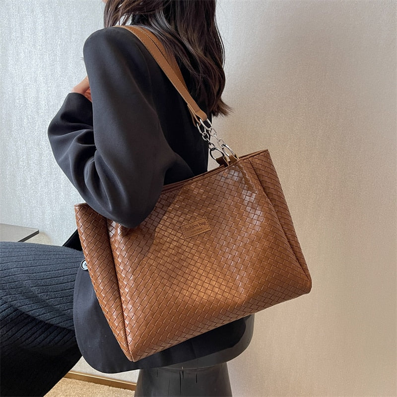 PU Leather Knitting Shoulder Bags For Women Large Capacity Solid Commuter Bags Classic Elegant Lady Totes Big Black Female Bags