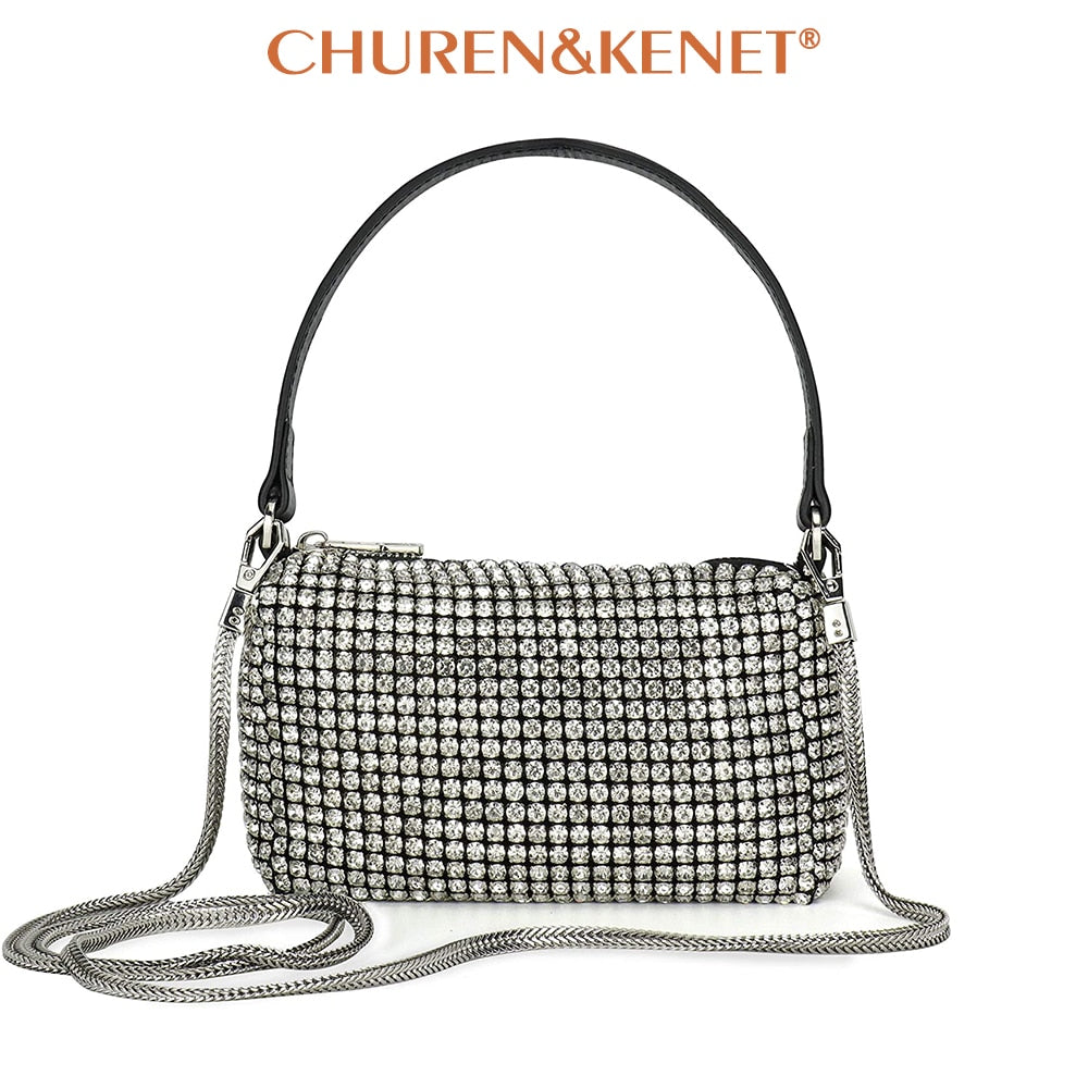 Crystal Rhinestone Evening Crossbody Bags for Women Luxury Brand Bling Purse Mini Top Handle Handbag Chain Mesh Clutch for Party