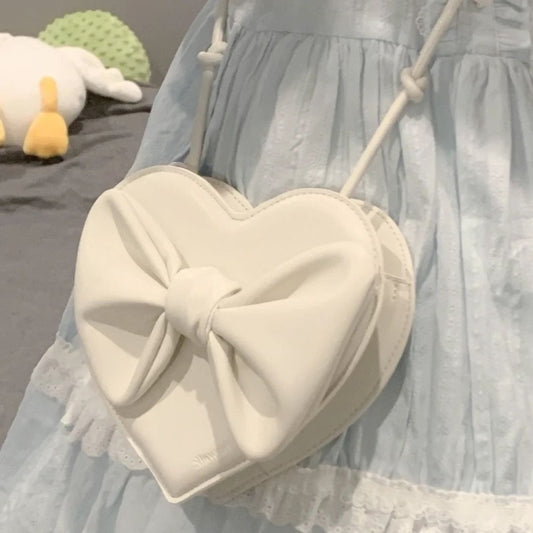 Xiuya Cute White Heart Shoulder Bag Female Harajuku Kawaii Small Bowknot Crossbody Bag Women Cell Phone Purse Womens Pouch