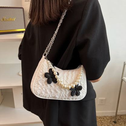 Retro Women&#39;s Handbag Black and White Flower Bubble Jacquard Underarm Bag Fold Handbag Simple Shoulder Bag Hot Pearl Chain Bags