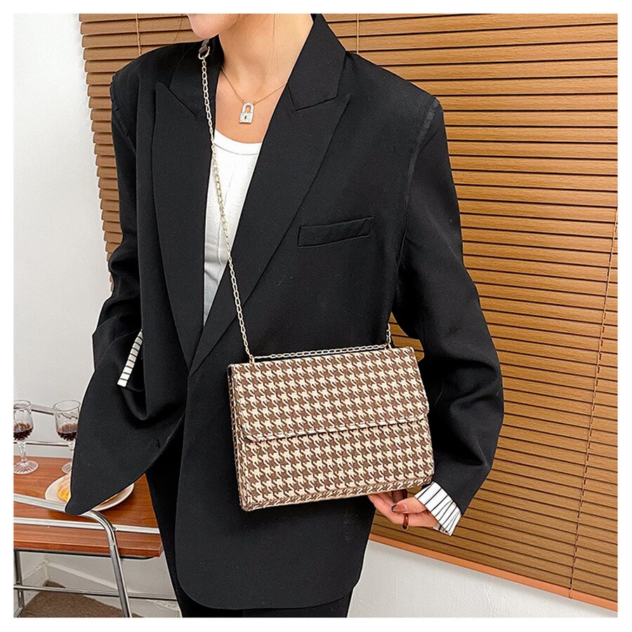 Fashion Women Shoulder Bag Simple Houndstooth Square bag Quality PU Leather Ladies Designer Handbag Lock Shoulder Messenger bags