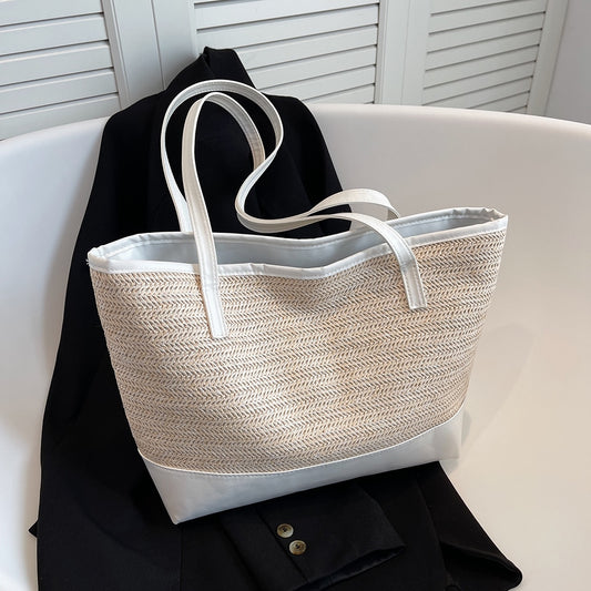 Casual Large Capacity Women Shoulder Bags Woven Handmade Handbags Fashion Leather Splicing Straw Tote Bags Female Shopping Bags